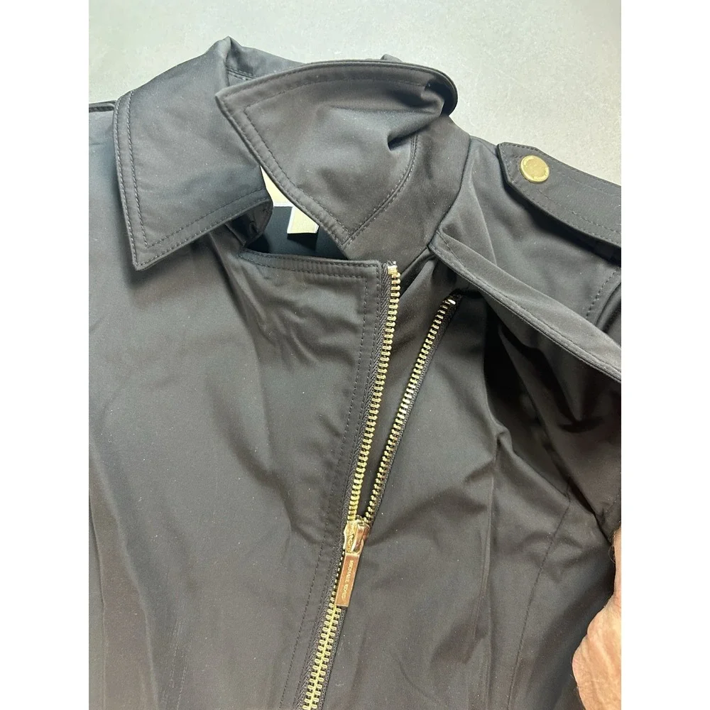 Michael Kors Black Asymmetrical Zip Trench Rain Jacket Women's L Missing Belt